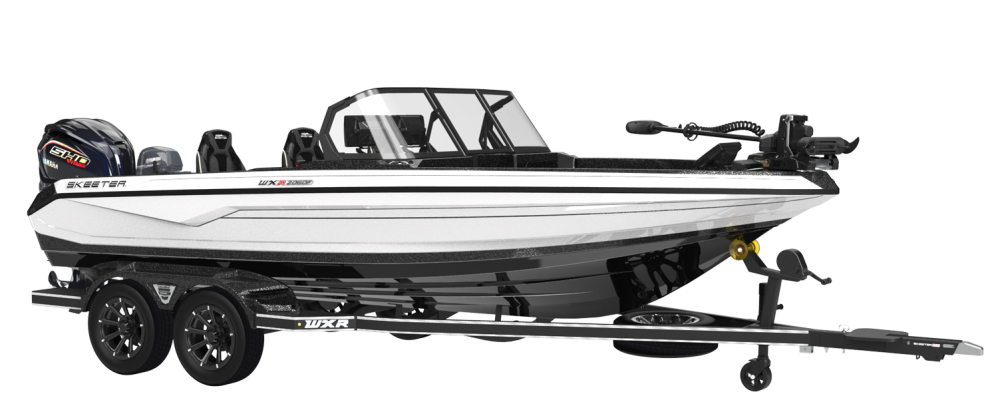 White fishing boat with trailer and outboard motor on transparent background.