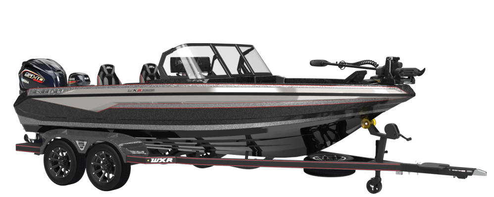 Black and gray fishing boat on a trailer, with an outboard motor and trolling motor attached.